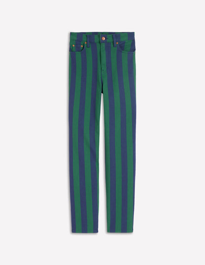 Gestreifte Jeans mit hohem Bund-Grün und Marineblau Streifen-5