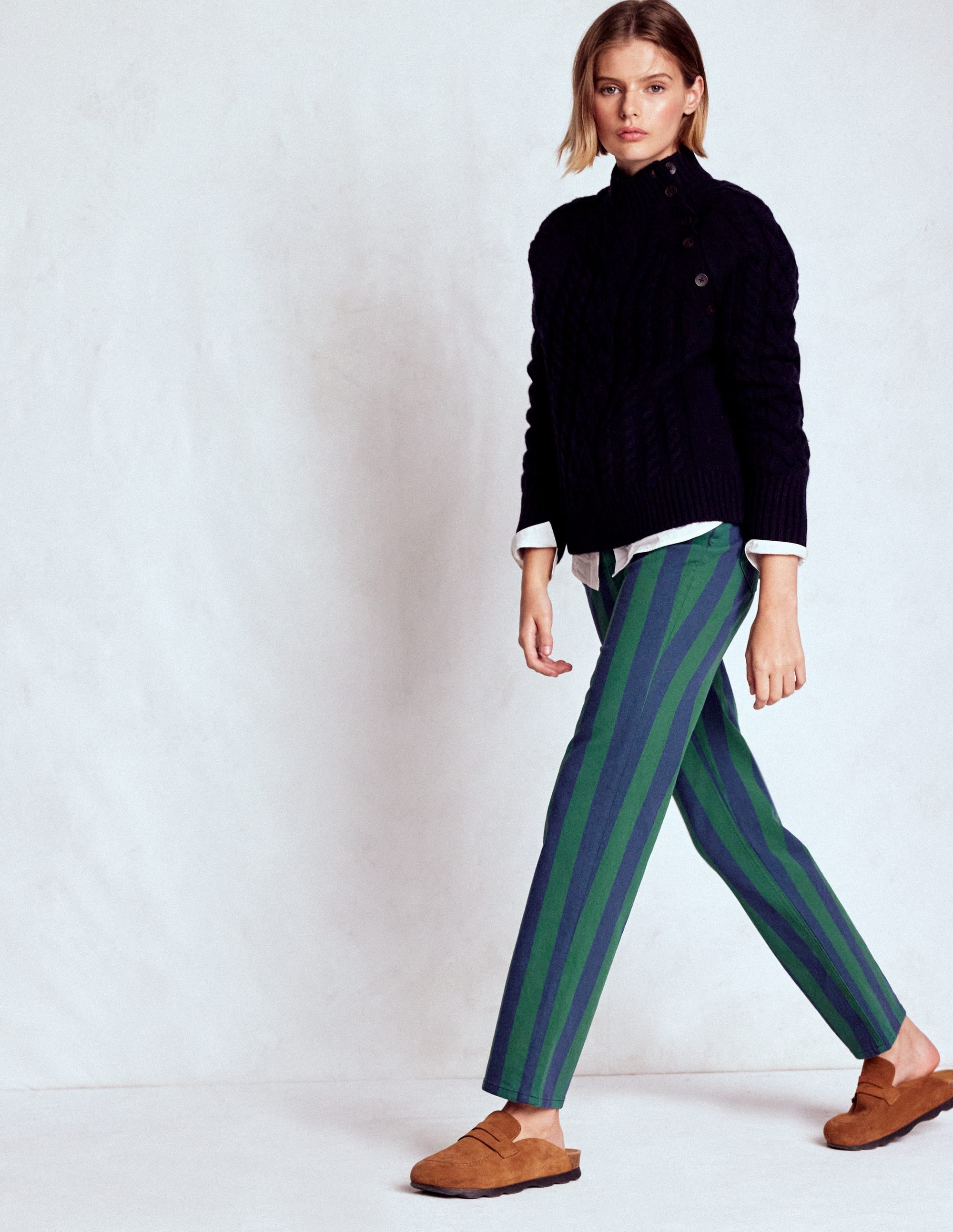 Jean taille haute rayé-Rayé vert et bleu marine - Image 1