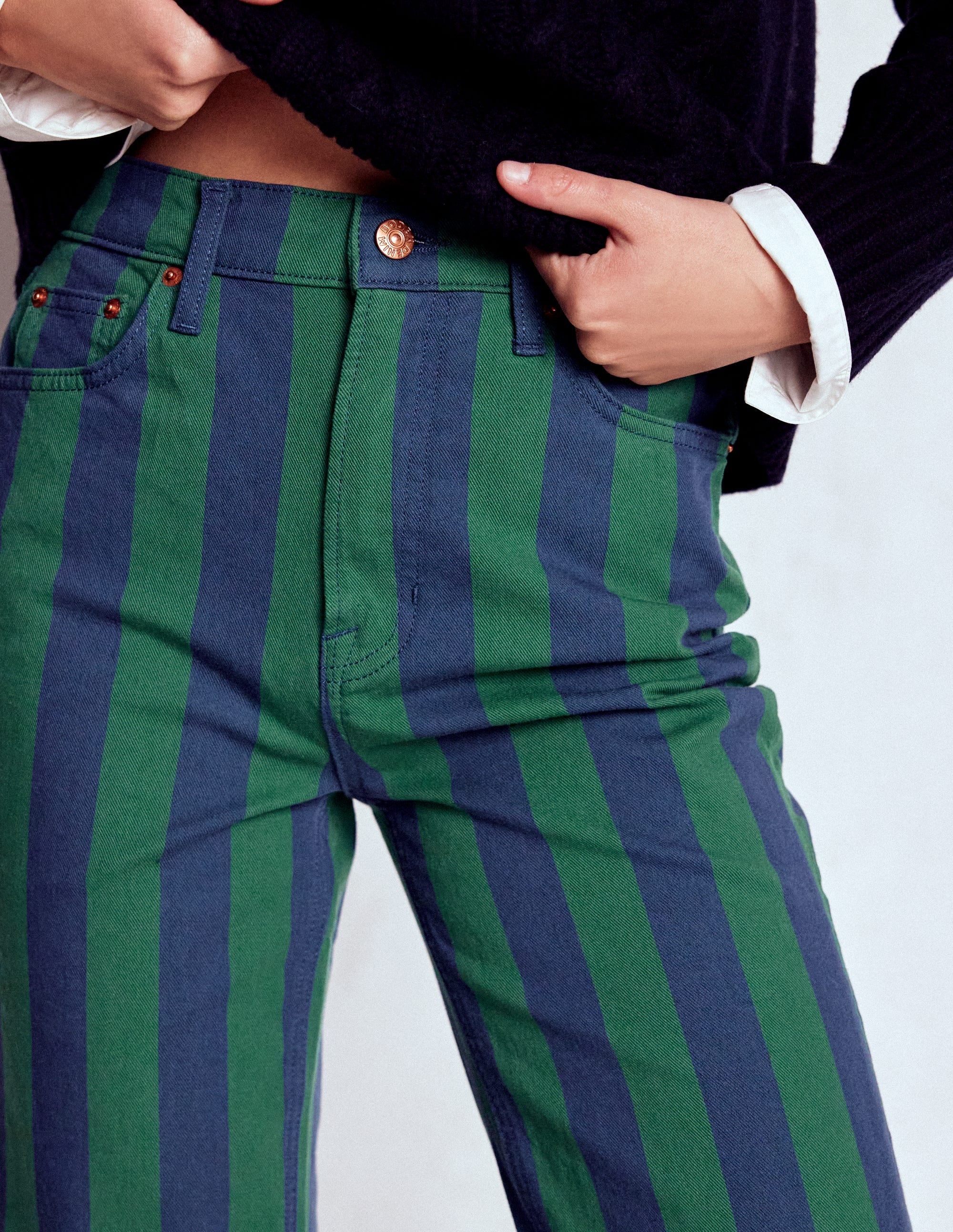 Jean taille haute rayé-Rayé vert et bleu marine - Image 2
