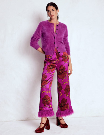 Faux Feather Trim Trousers-Hollyhock Peony Bloom-2