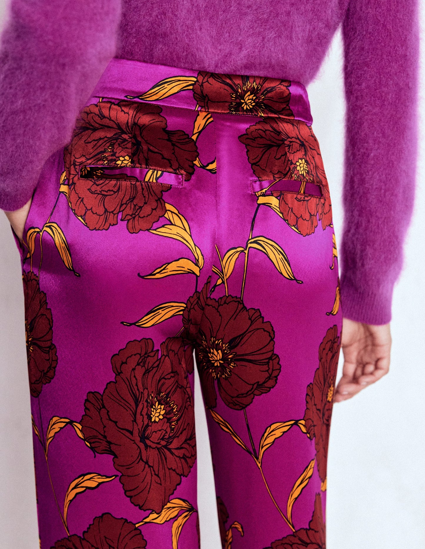 Faux Feather Trim Trousers-Hollyhock Peony Bloom