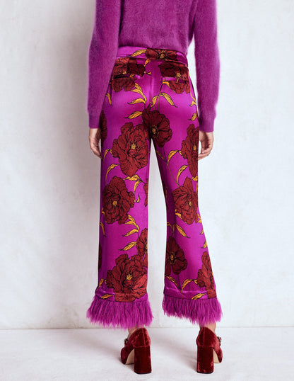Faux Feather Trim Trousers-Hollyhock Peony Bloom-4