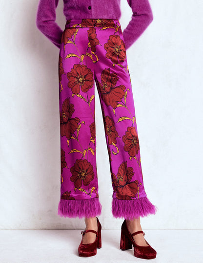 Faux Feather Trim Trousers-Hollyhock Peony Bloom-5