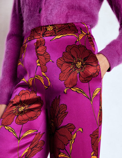 Faux Feather Trim Trousers-Hollyhock Peony Bloom-6