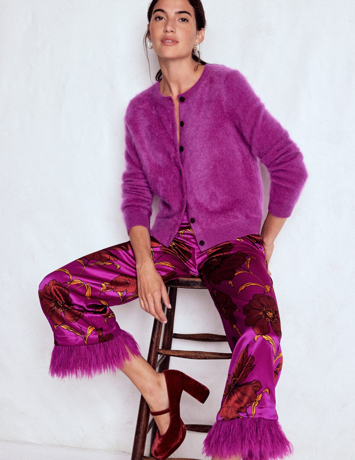 Faux Feather Trim Trousers-Hollyhock Peony Bloom