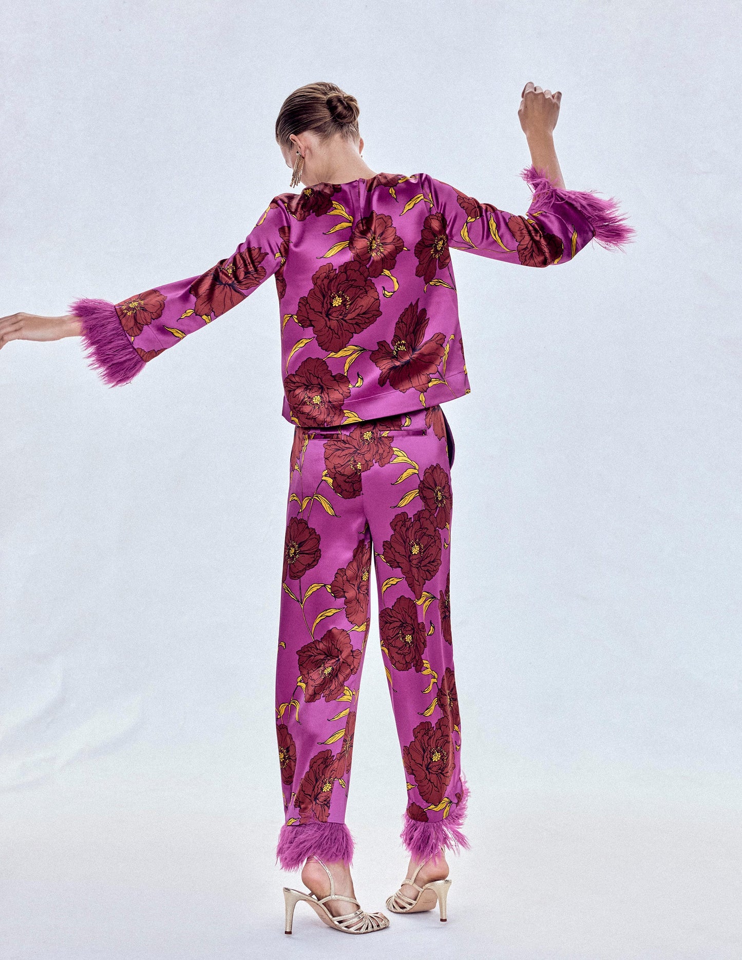 Faux Feather Trim Trousers-Hollyhock Peony Bloom