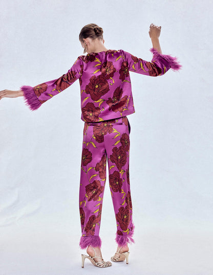 Faux Feather Trim Trousers-Hollyhock Peony Bloom-1