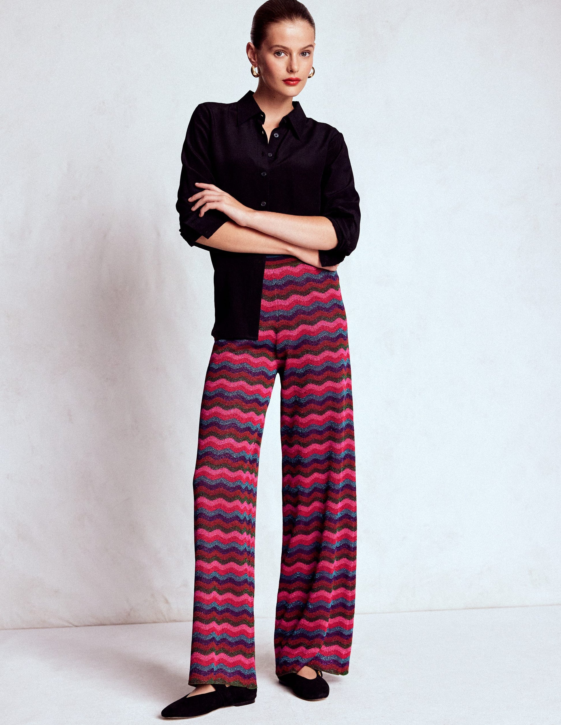 Jacquard Knitted Trousers-Jewel Toned Metallic Wave-2