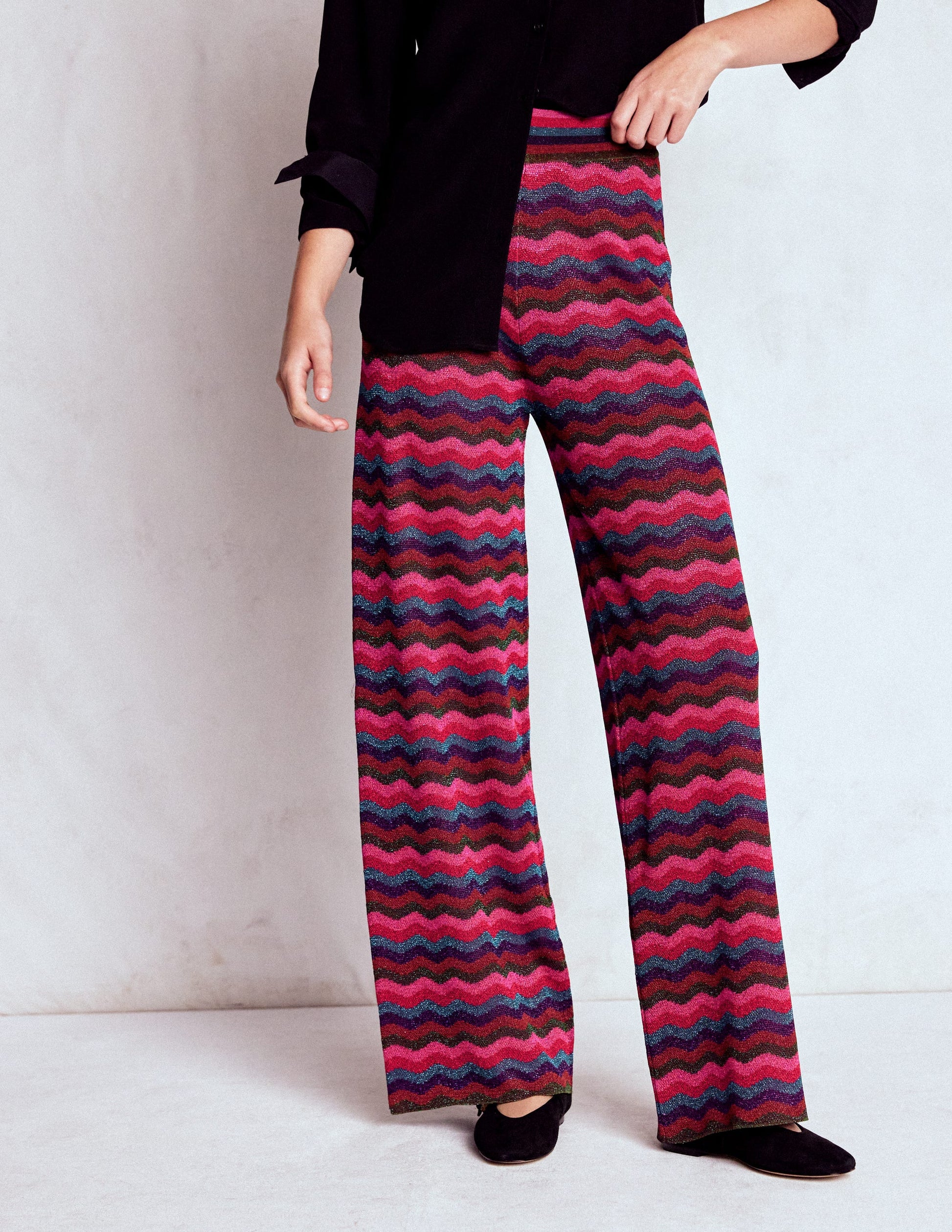 Jacquard Knitted Trousers-Jewel Toned Metallic Wave-5