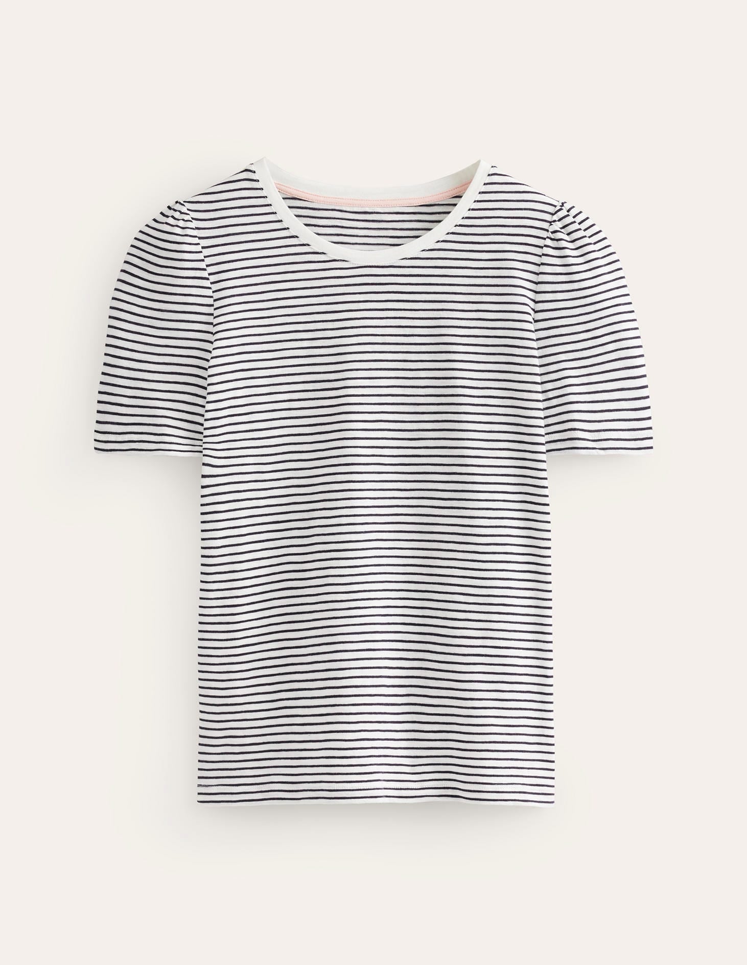 T-Shirt aus Baumwolle mit Puffärmeln-Naturweiß/Navy, Gestreift-6