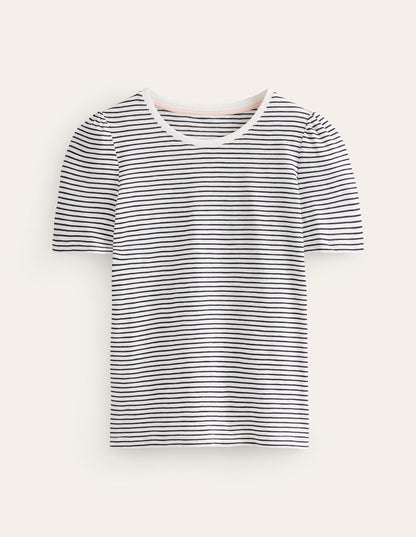 T-Shirt aus Baumwolle mit Puffärmeln-Naturweiß/Navy, Gestreift-6