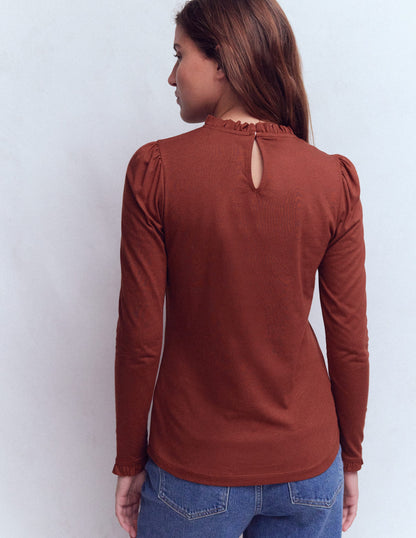 Superweiches Oberteil mit Rüschendetail-Heiße Schokolade-3