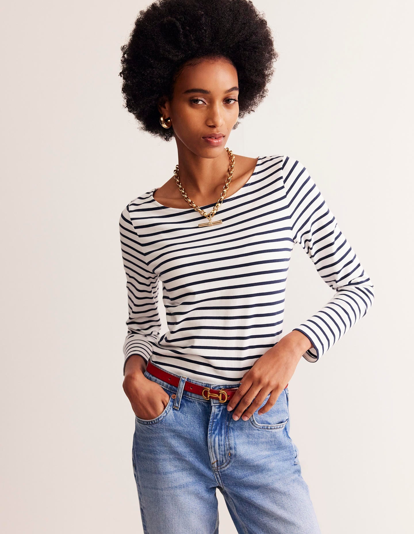 Ella Breton-Shirt mit langen Ärmeln-Naturweiß, Marineblau - Image 1