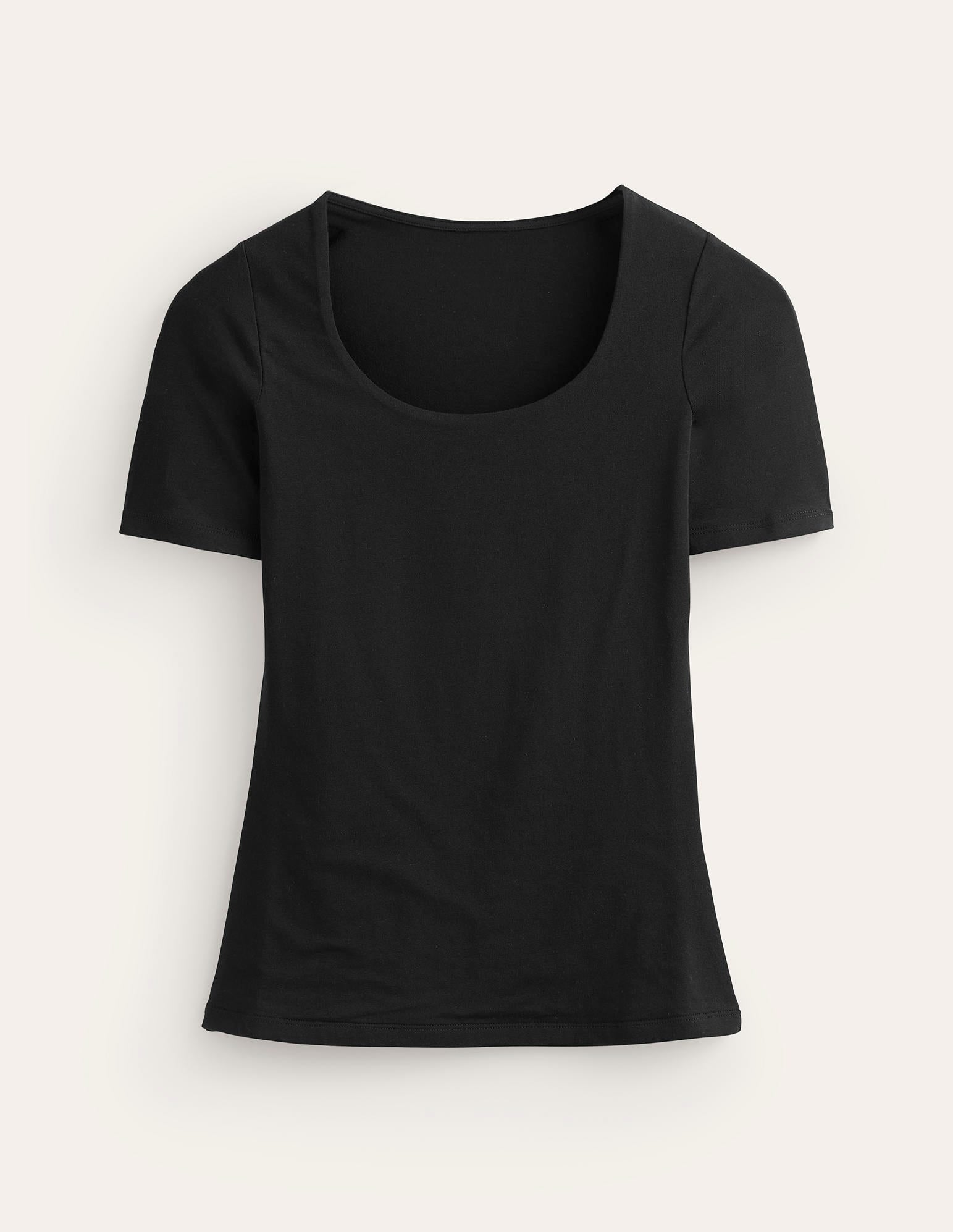 Doppellagiges T-Shirt mit tiefem Rundhalsausschnitt-Schwarz - Image 5