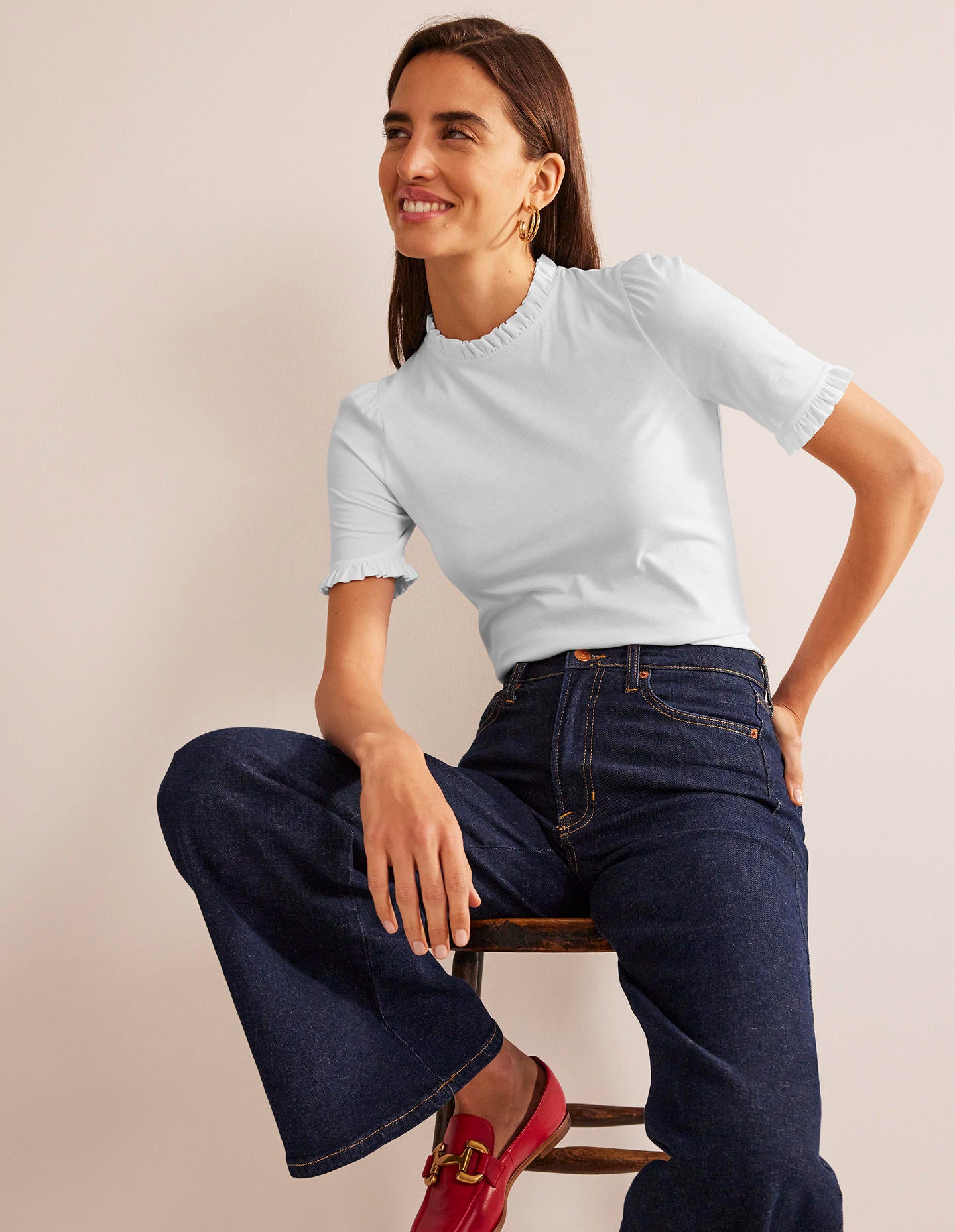 Superweiches T-Shirt mit Rüschendetail-Weiß-2