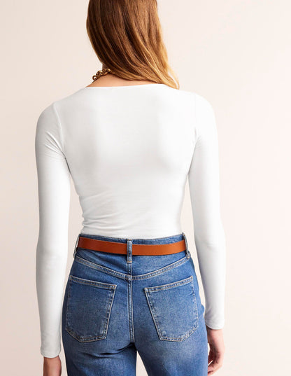 Doppellagiges Oberteil mit tiefem Rundhalsausschnitt-Weiß-3