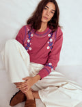 Sweat Hannah brodé-Rouge terre, motif floral multi
