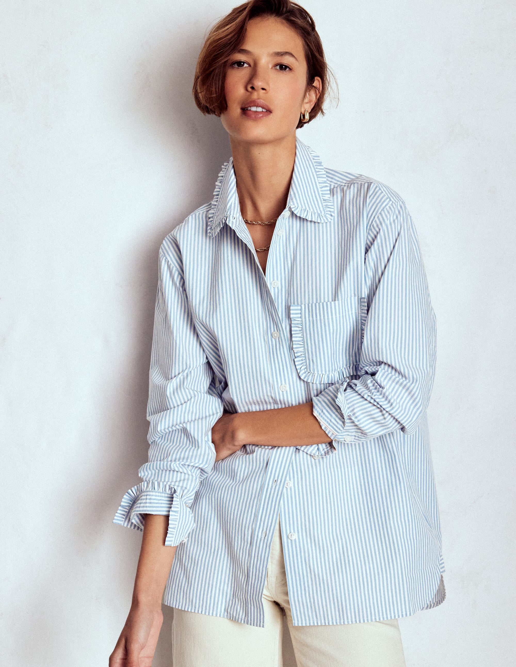 Sadie Relaxed Cotton Shirt-Faded Denim and Ivory Stripe - Image 5