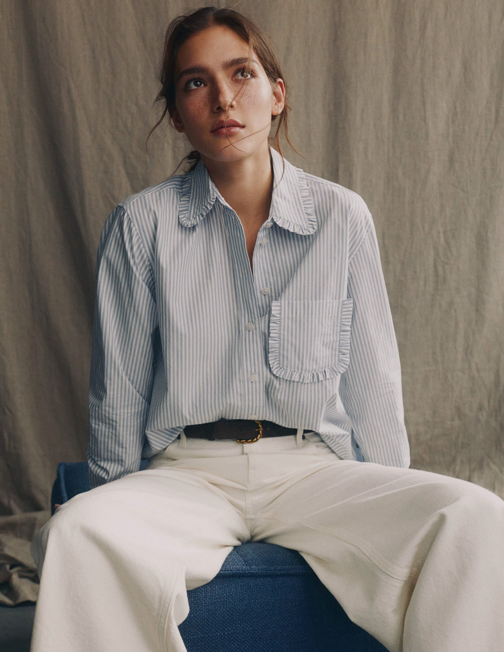 Sadie Relaxed Cotton Shirt-Faded Denim and Ivory Stripe - Image 6