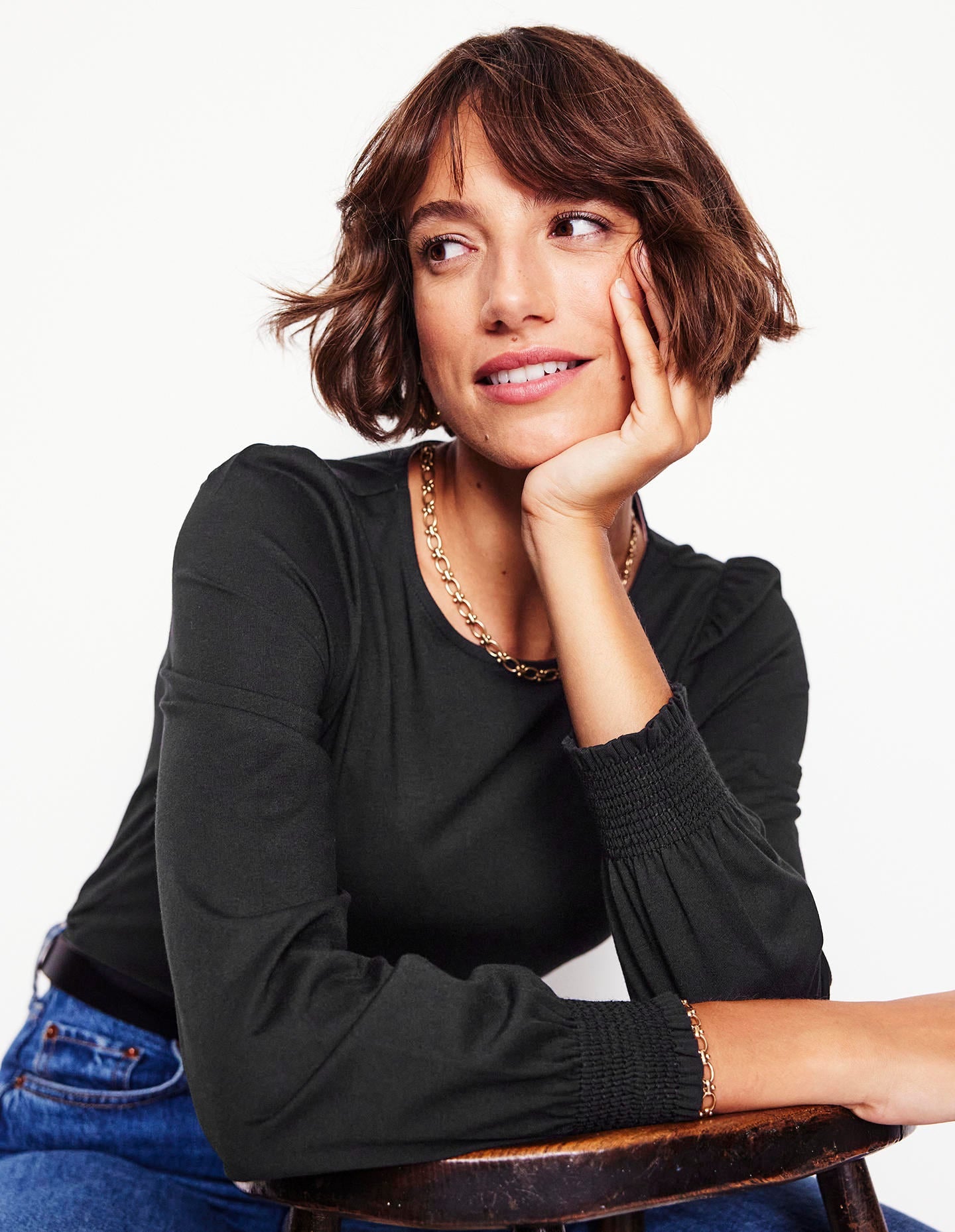 Top ultra-doux à poignets smockés-Noir-1