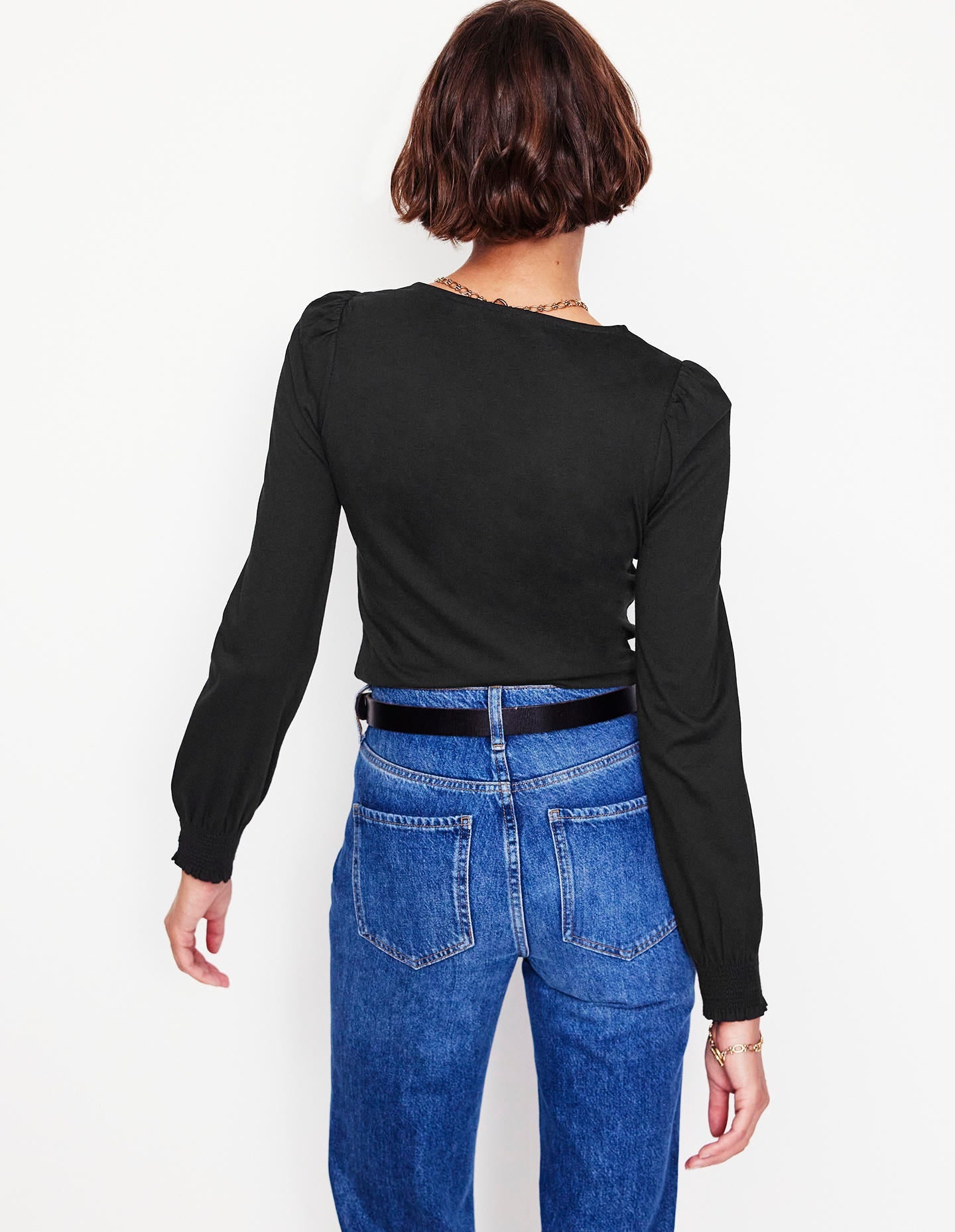 Top ultra-doux à poignets smockés-Noir