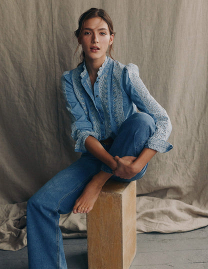 Savannah Oberteil mit Lochstickerei-Blauer Faux-Uni-1