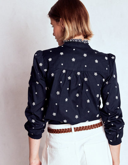 Helena Baumwolloberteil-Marineblau, Weiße Stickerei-3