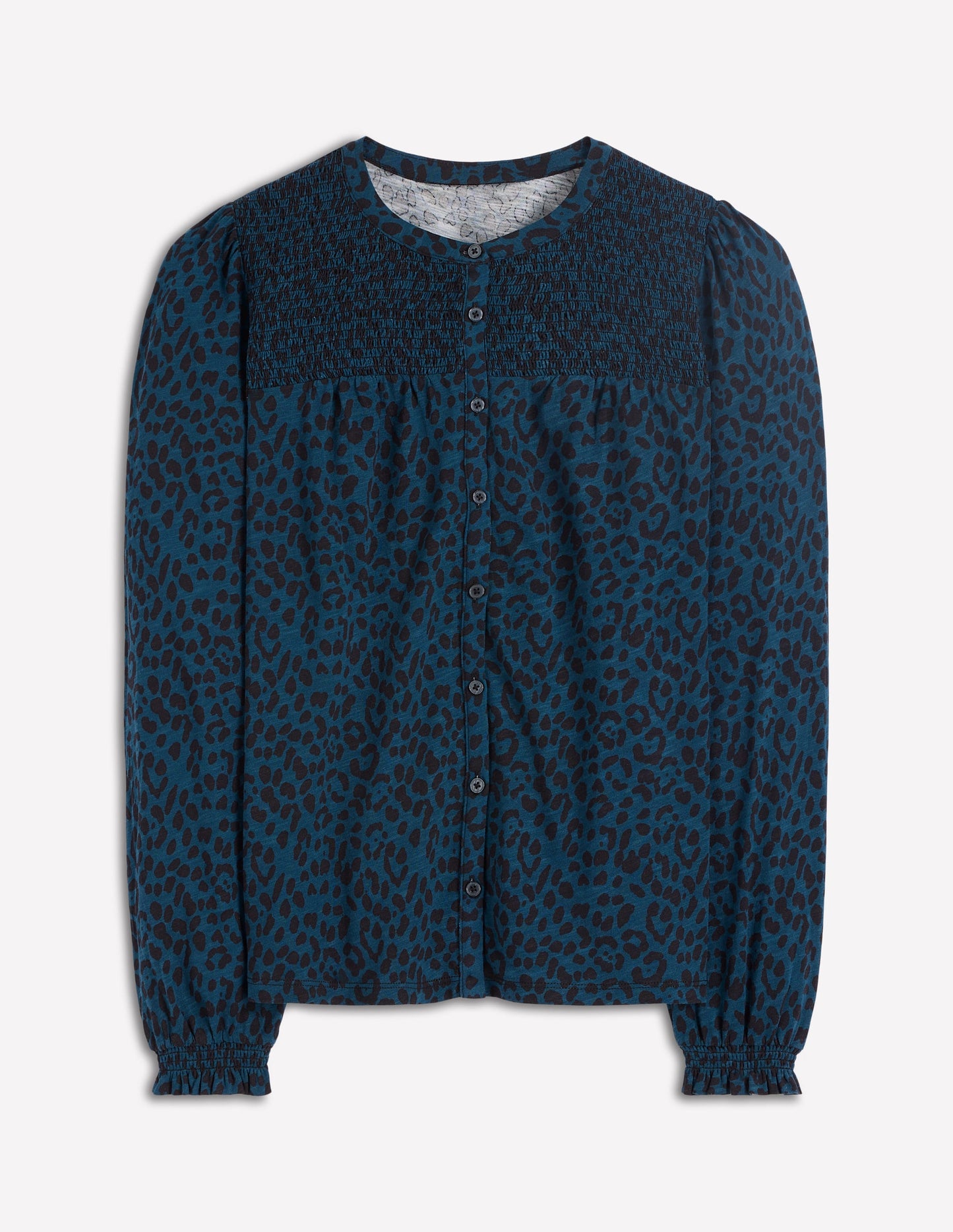 Elsa Jerseyhemd mit gesmokter Passe-Blaugrün Leopardenmuster