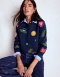 Sweat Rosa brodé-Bleu marine, broderie multi