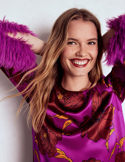 Faux Feather Trim Party Top-Purple Floral-2