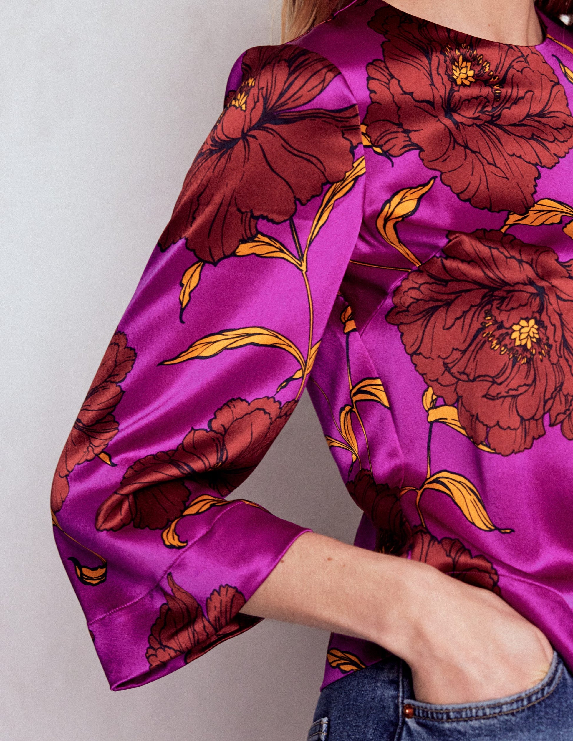 Faux Feather Trim Party Top-Purple Floral-3