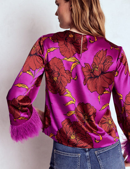 Faux Feather Trim Party Top-Purple Floral-4