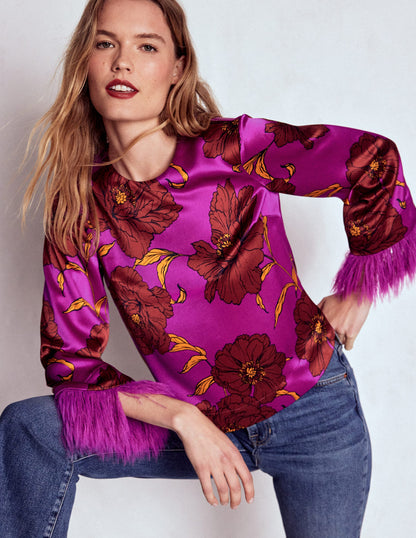 Faux Feather Trim Party Top-Purple Floral-5