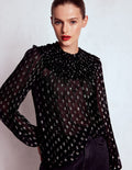 Metallic Ruffle Collar Top-Black, Lurex Clip