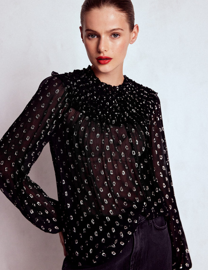 Oberteil in Metallic-Optik mit Rüschenkragen-Schwarz, Lurex-Clip-Muster