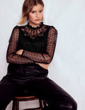 Top en tulle brodé à empiècement-Pois noirs
