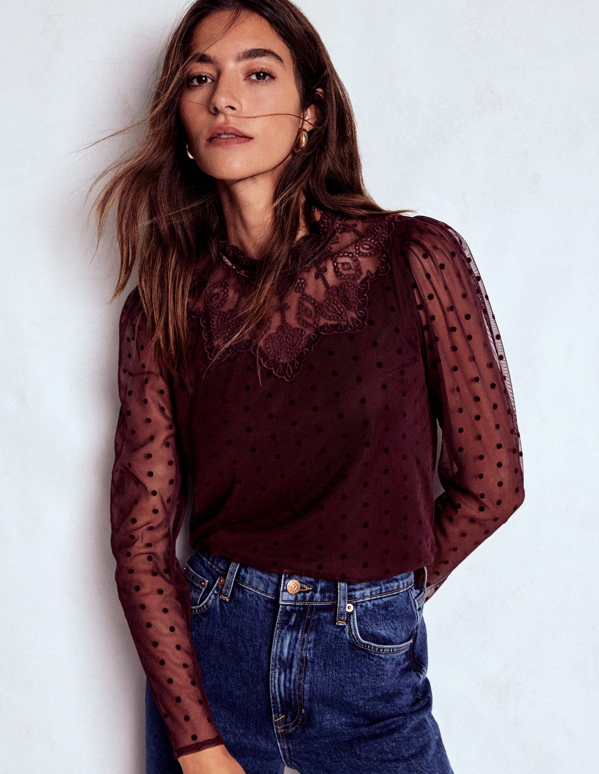 Tulle Yoke Embroidered Top-Dark Cherry-2