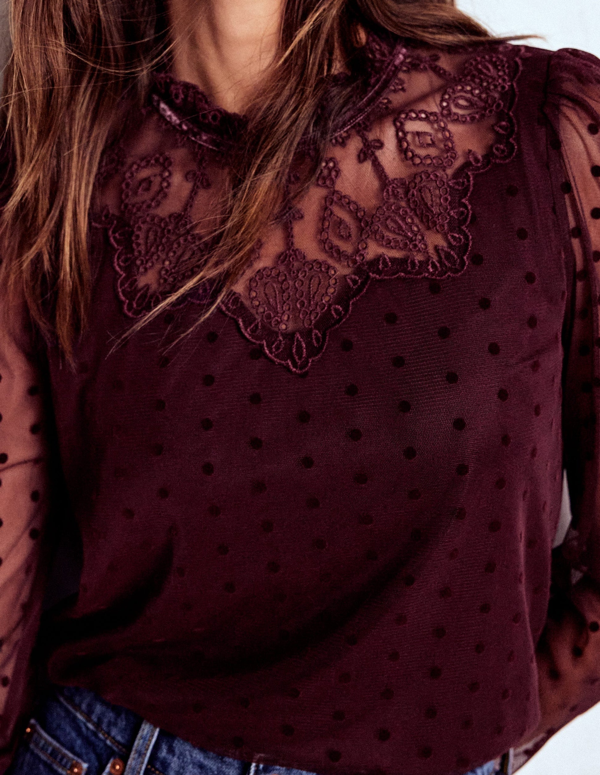 Tulle Yoke Embroidered Top-Dark Cherry-3