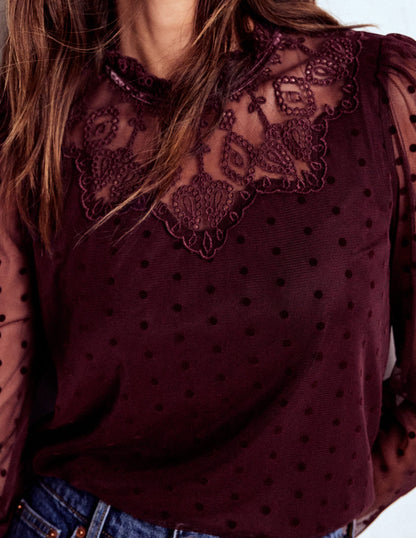 Tulle Yoke Embroidered Top-Dark Cherry-3