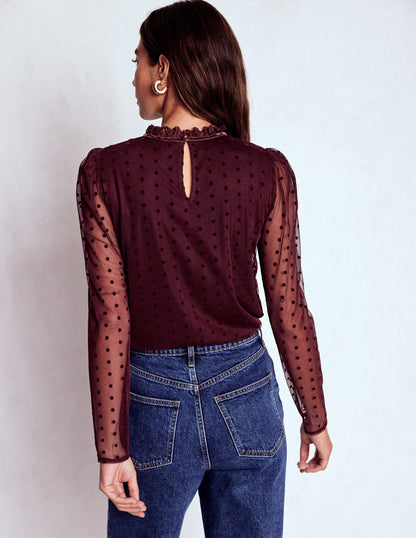 Tulle Yoke Embroidered Top-Dark Cherry-4