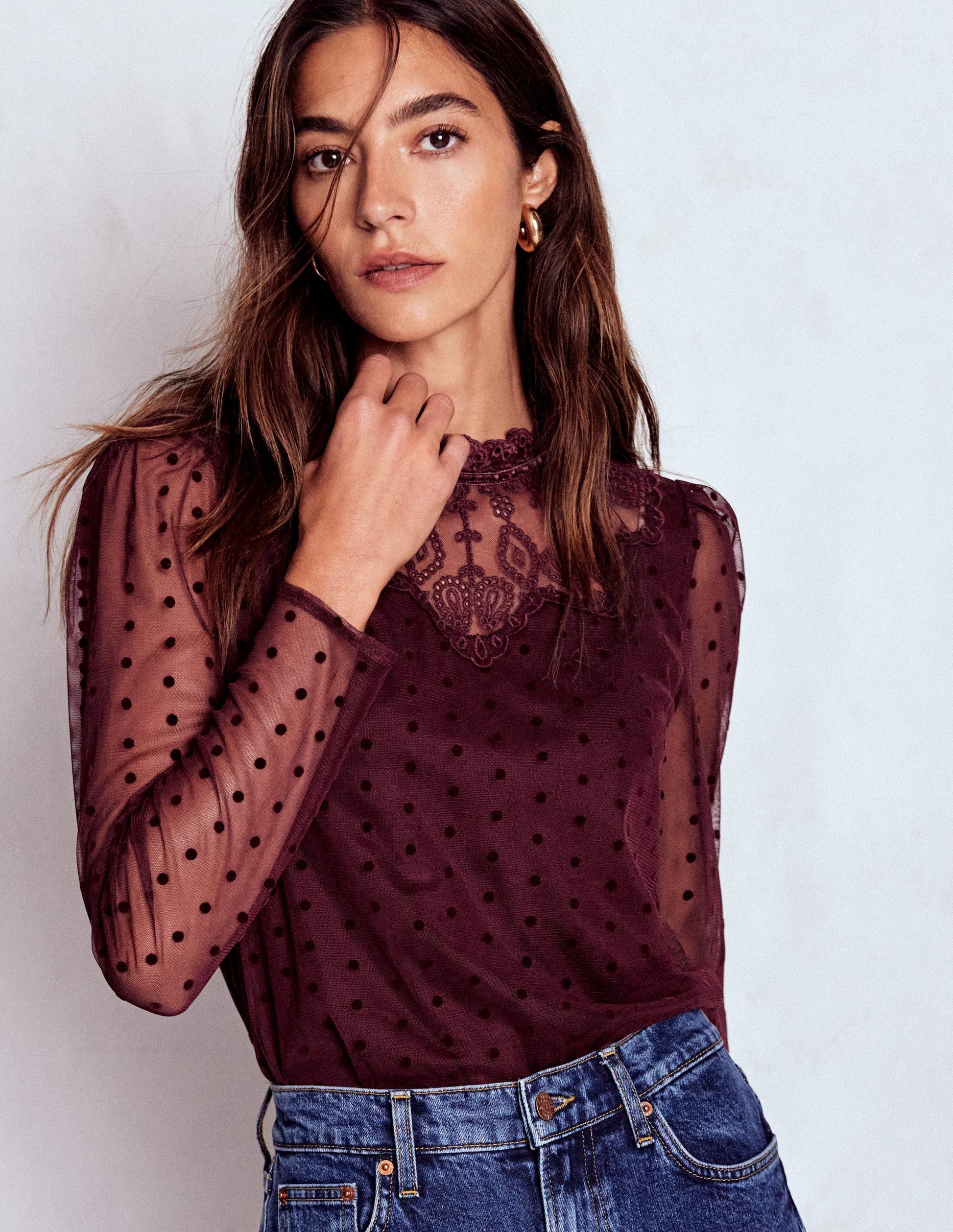 Tulle Yoke Embroidered Top-Dark Cherry-5
