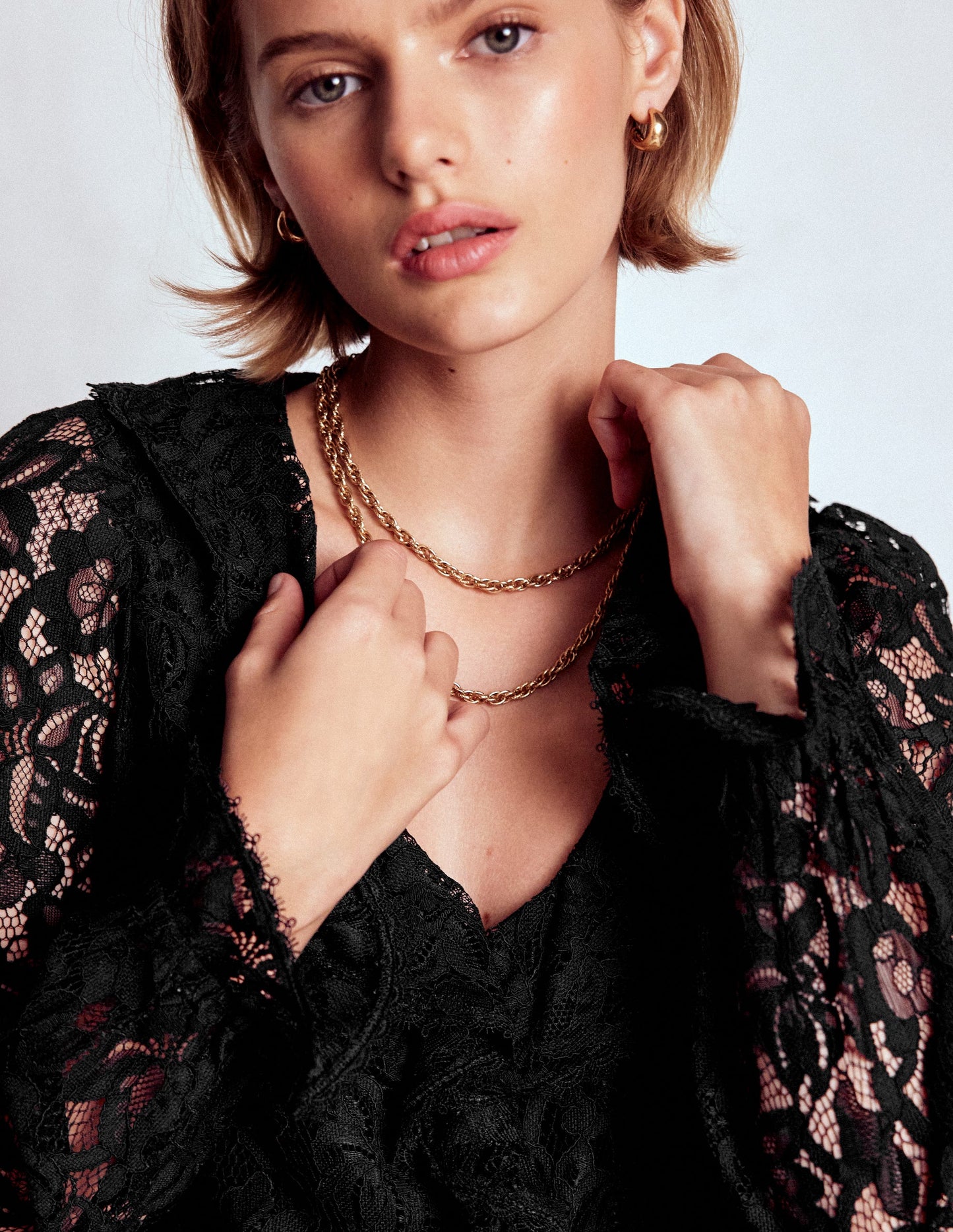 Ruffle Detail Lace Blouse-Black