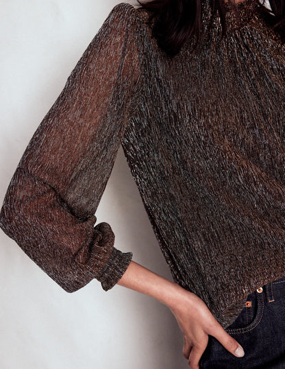 Smocked Neck Metallic Top-Metallic-2