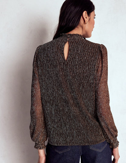 Smocked Neck Metallic Top-Metallic-3