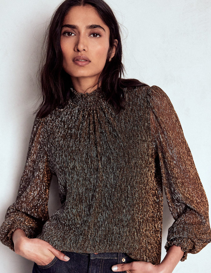 Metallic-Oberteil mit gesmoktem Ausschnitt-Metallisch