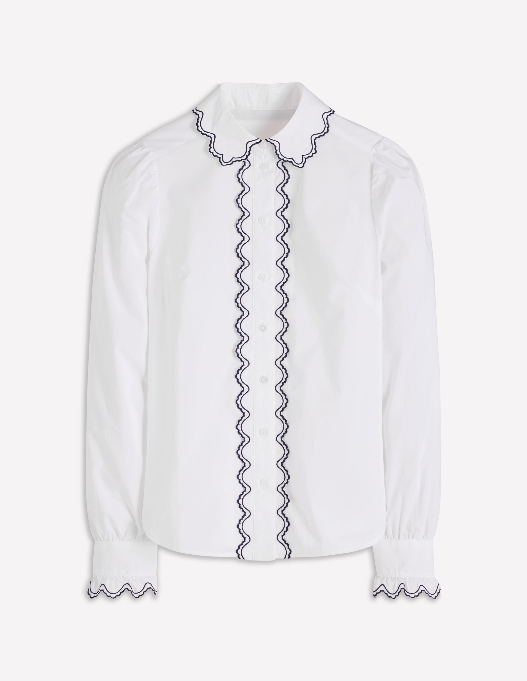 Embroidered Cotton Shirt-White, Navy Embroidery - Image 6