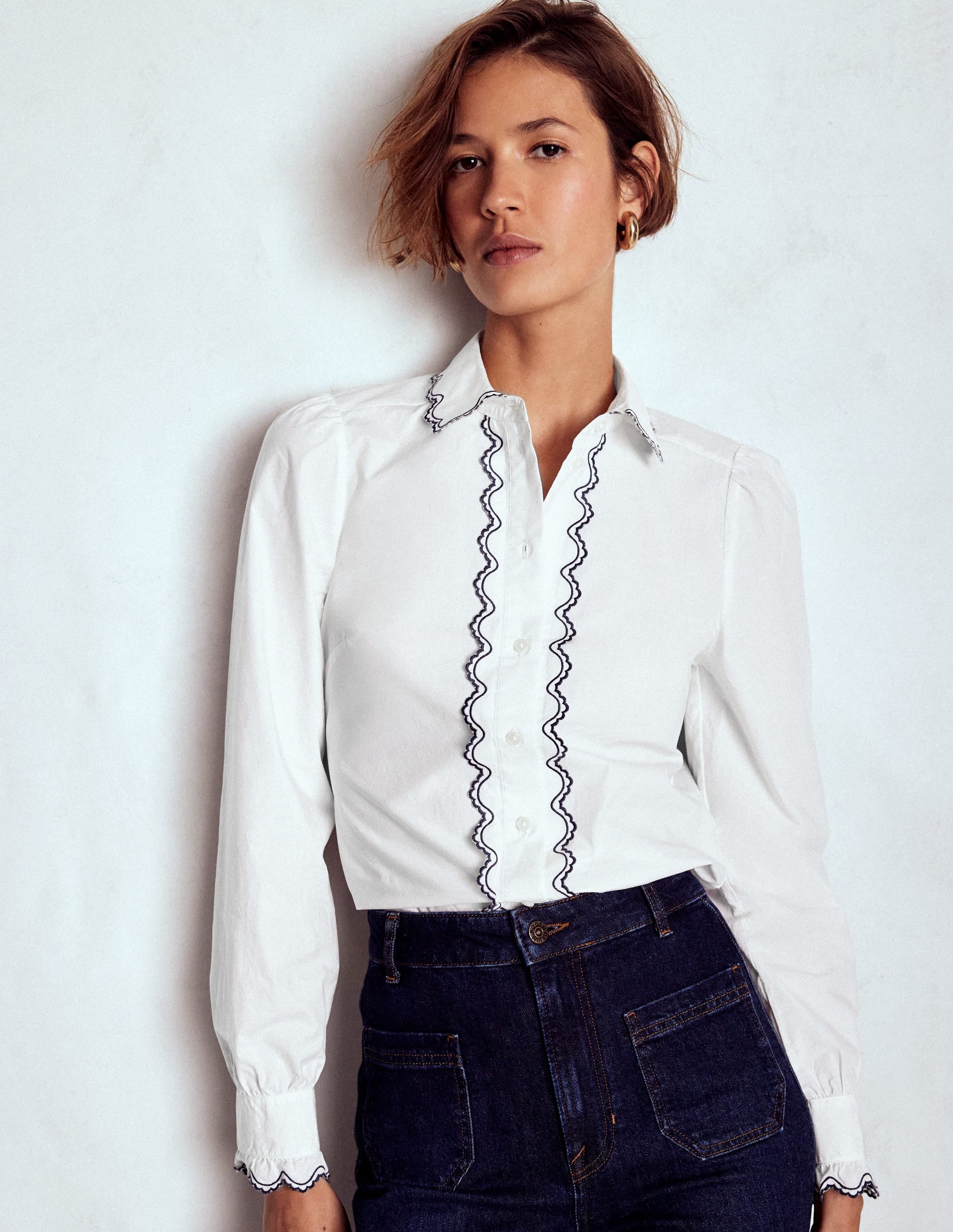 Embroidered Cotton Shirt-White, Navy Embroidery - Image 1