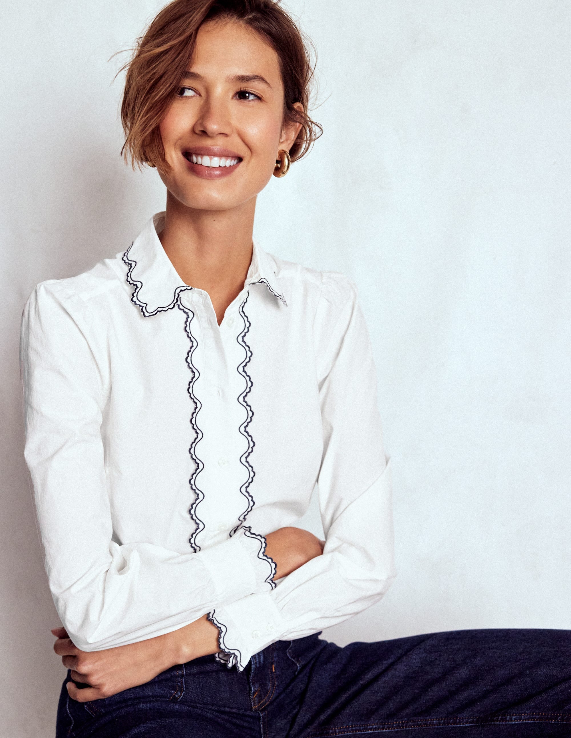 Embroidered Cotton Shirt-White, Navy Embroidery - Image 2