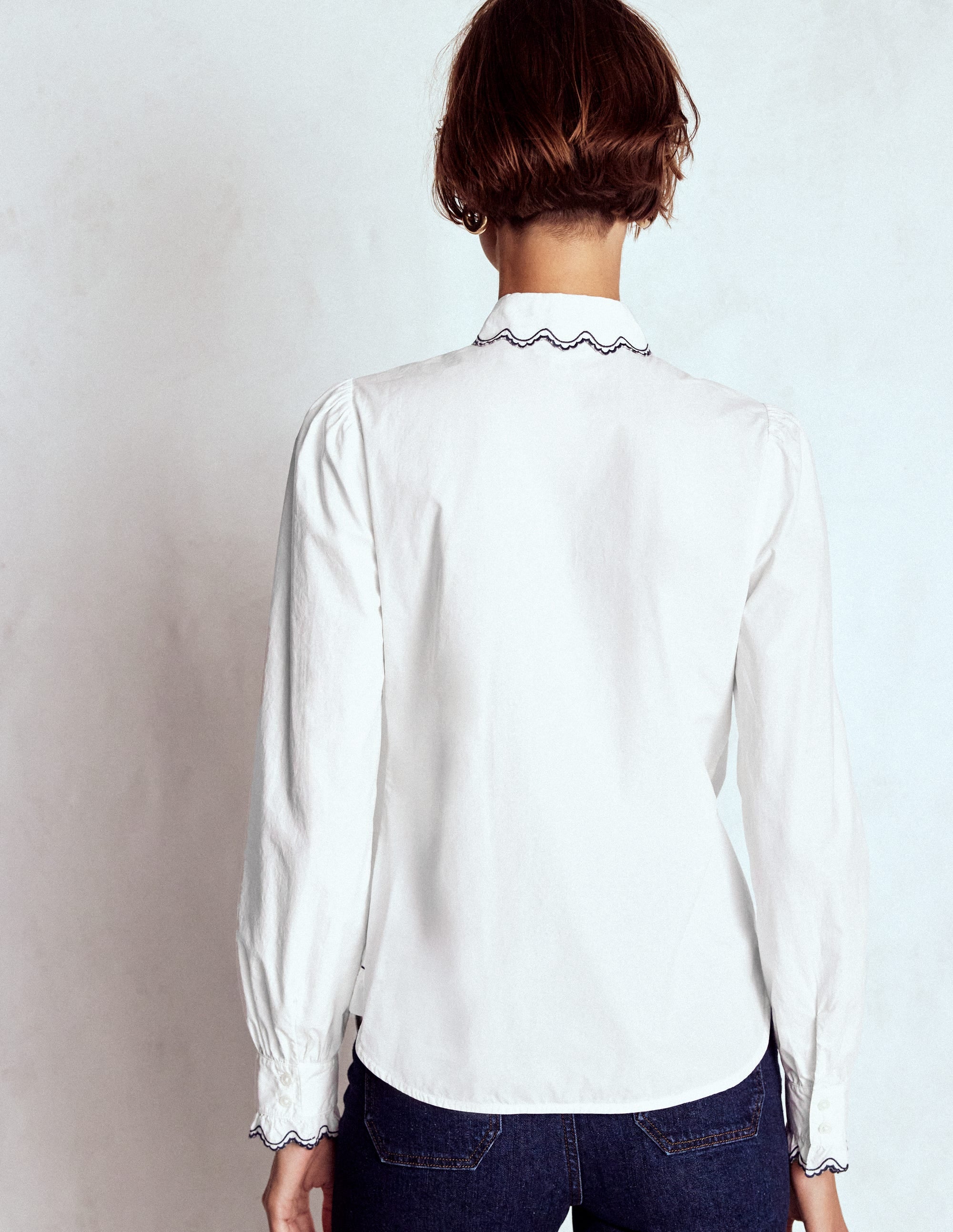 Embroidered Cotton Shirt-White, Navy Embroidery - Image 3
