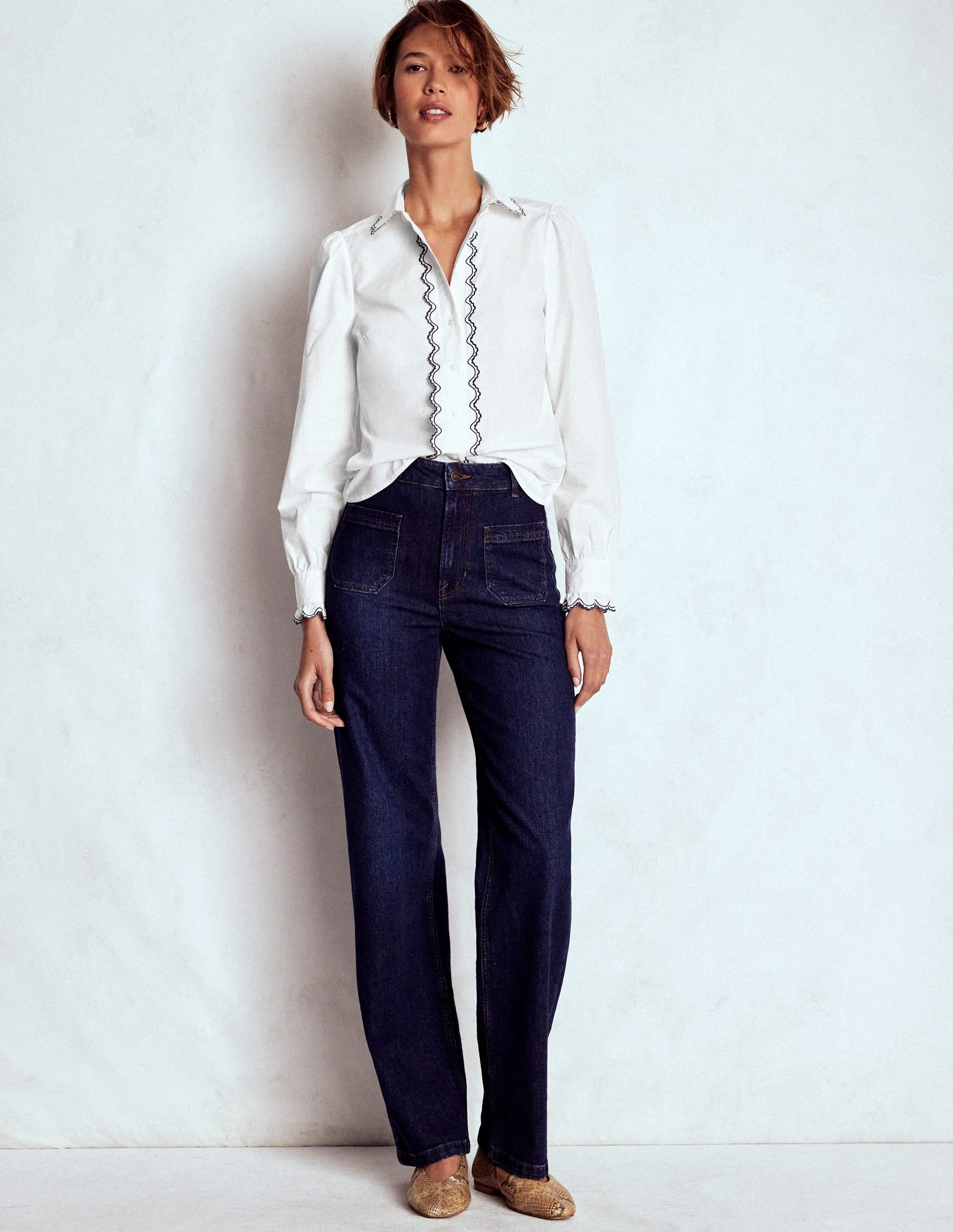 Embroidered Cotton Shirt-White, Navy Embroidery - Image 4